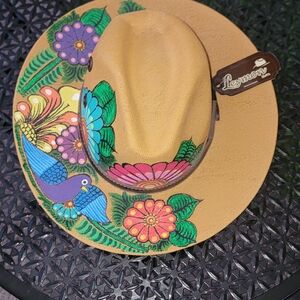 Women's Tan Hat with Floral and Bird Design